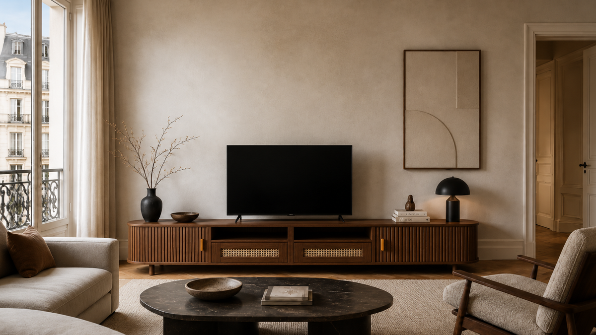 Meuble télévision en chêne dans un intérieur français baigné de lumière naturelle
