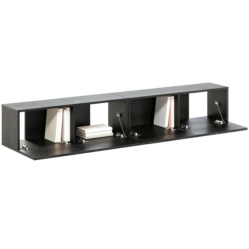 Meuble TV, 4 pièces, avec rangement, avec étagères, en chêne, coloris noir, pour le salon
