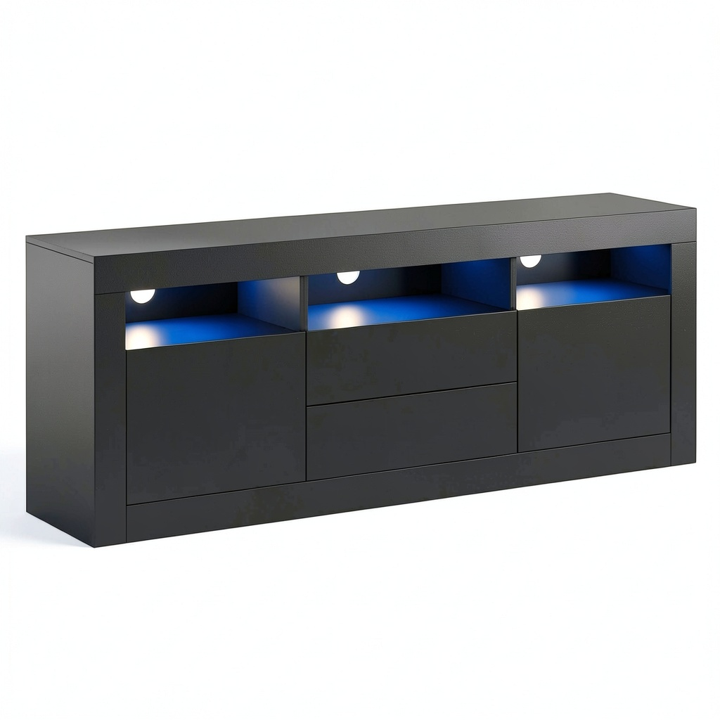 Meuble TV, avec rangement, avec tiroirs, avec portes, 160 x 35 x 60 cm, coloris noir, pour le salon