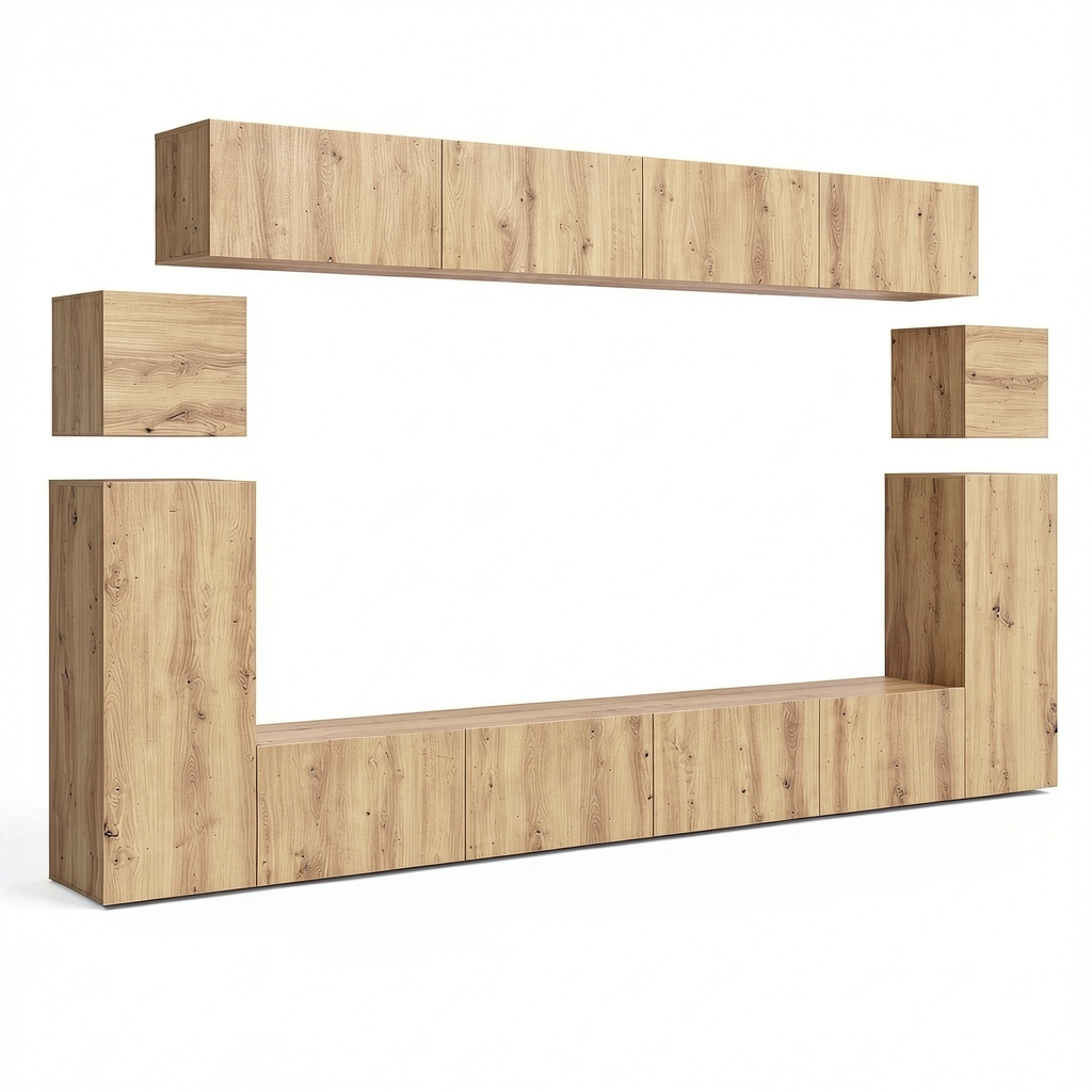 Meuble TV, en chêne, avec rangement, avec tiroirs, avec portes, 4 pièces, pour le salon