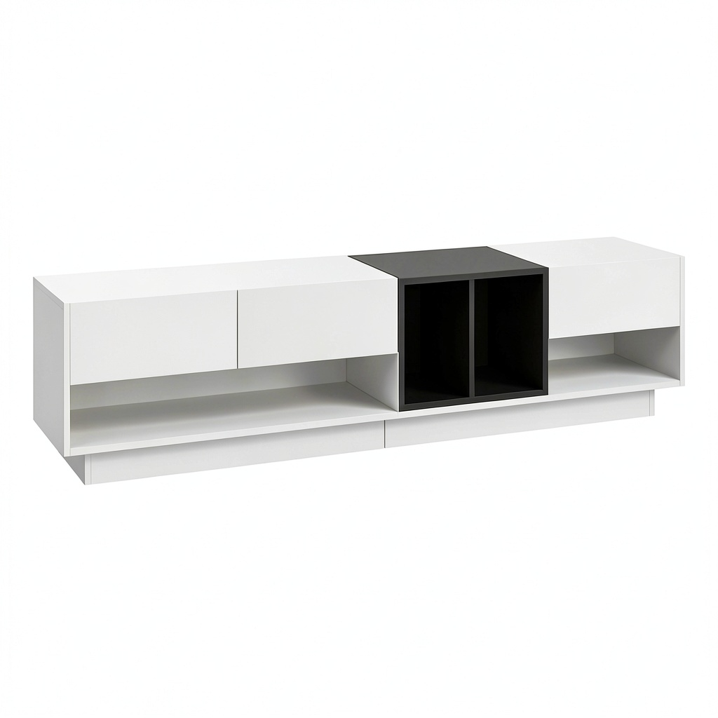 Meuble TV, avec rangement, avec tiroirs, avec étagères, coloris blanc, pour le salon