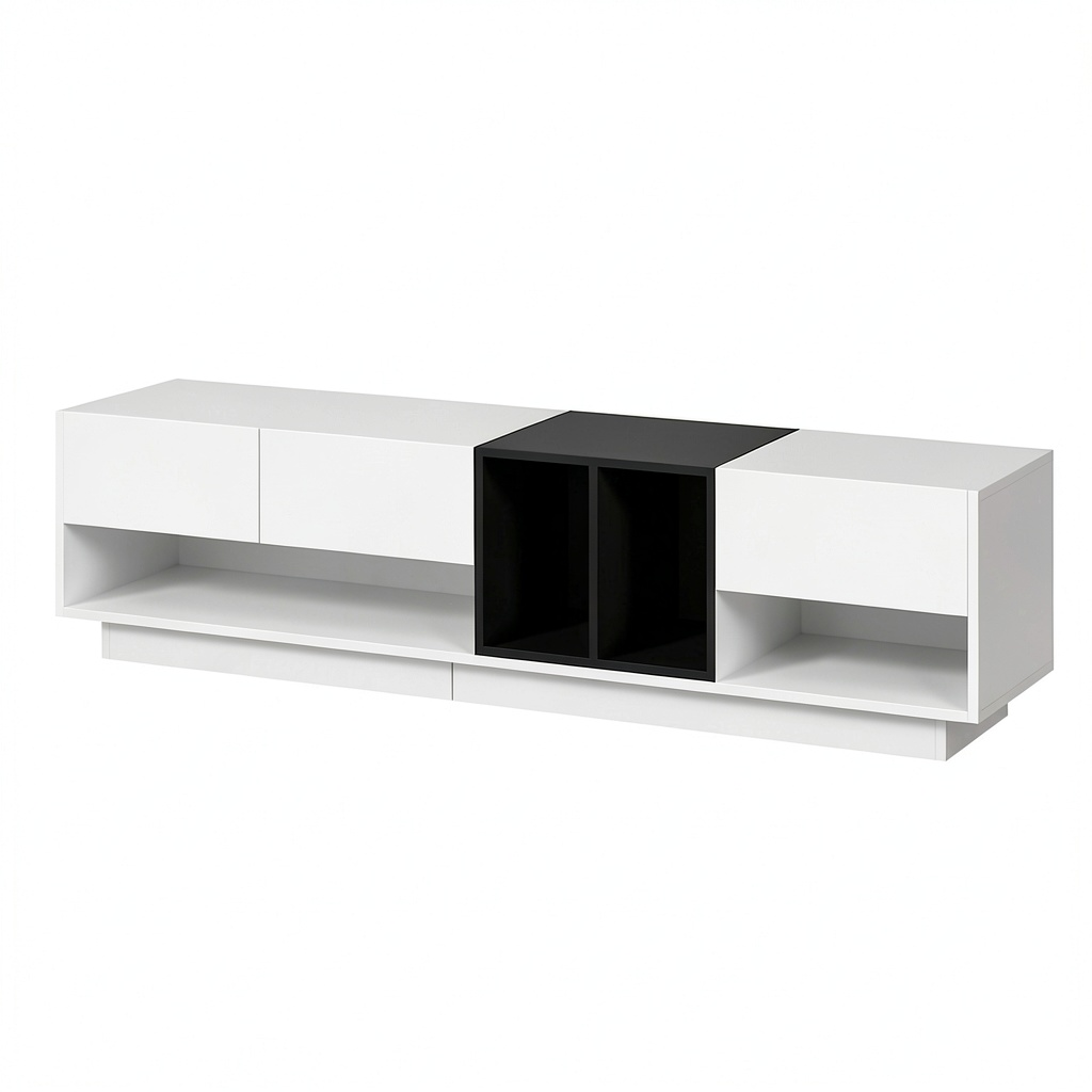 Meuble TV, avec rangement, avec tiroirs, coloris noir et blanc, 190 x 40 x 42 cm, pour le salon