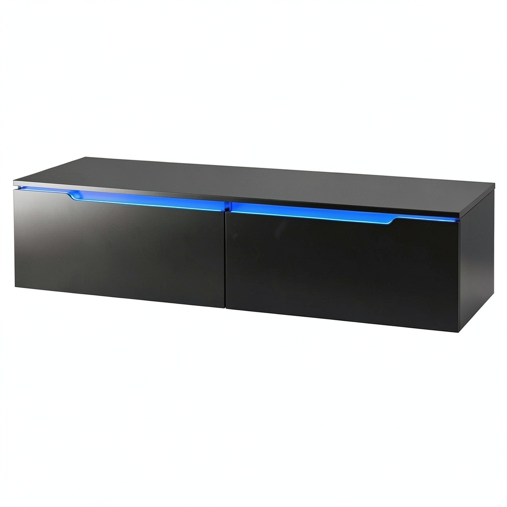 Meuble TV, réglable, avec éclairage LED, coloris noir, pour le salon