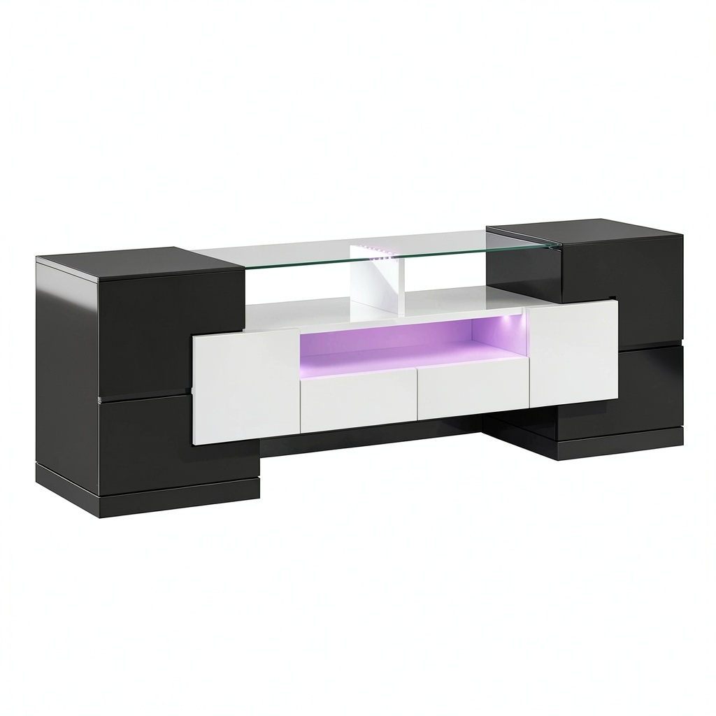 Meuble TV, avec rangement, avec tiroirs, avec portes, 145 x 30 x 51 cm, coloris noir et blanc, pour le salon