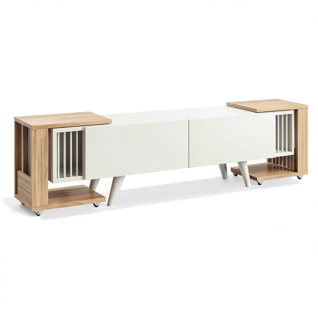 Meuble TV, avec étagères, sur roulettes, en chêne et panneaux de bois, coloris blanc, pour le salon