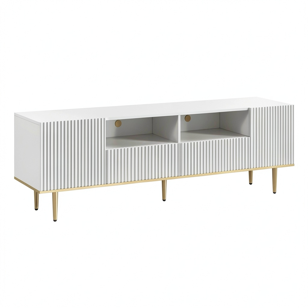 Meuble TV, avec rangement, avec tiroirs, coloris blanc et doré, pour le salon