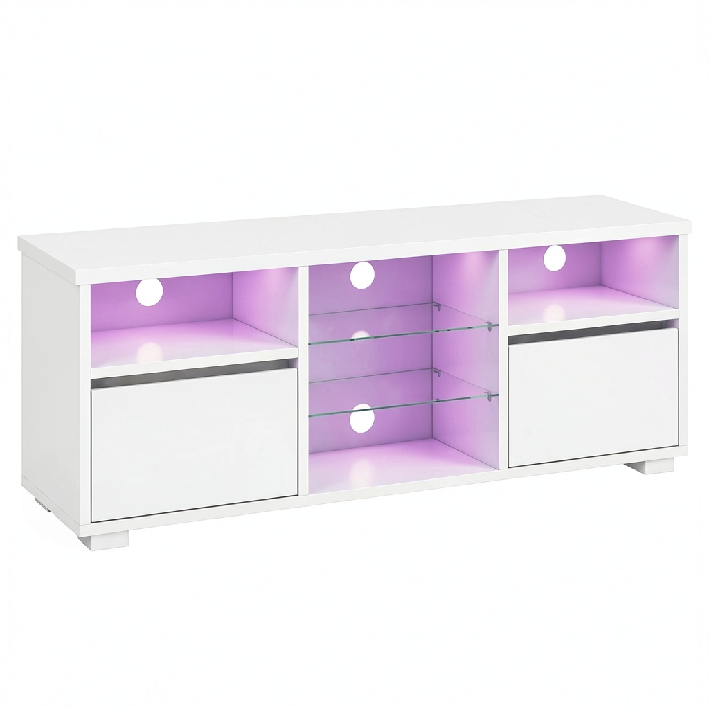 Meuble TV, en verre, réglable, avec rangement, avec étagères, coloris blanc, pour le salon