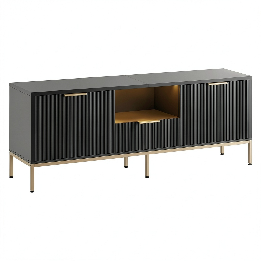 Meuble TV, avec rangement, coloris noir, pour le salon