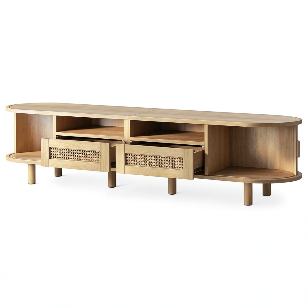 Meuble TV, en chêne et résine tressée, avec rangement, avec tiroirs, avec étagères, 170 x 40 x 40 cm, pour le salon