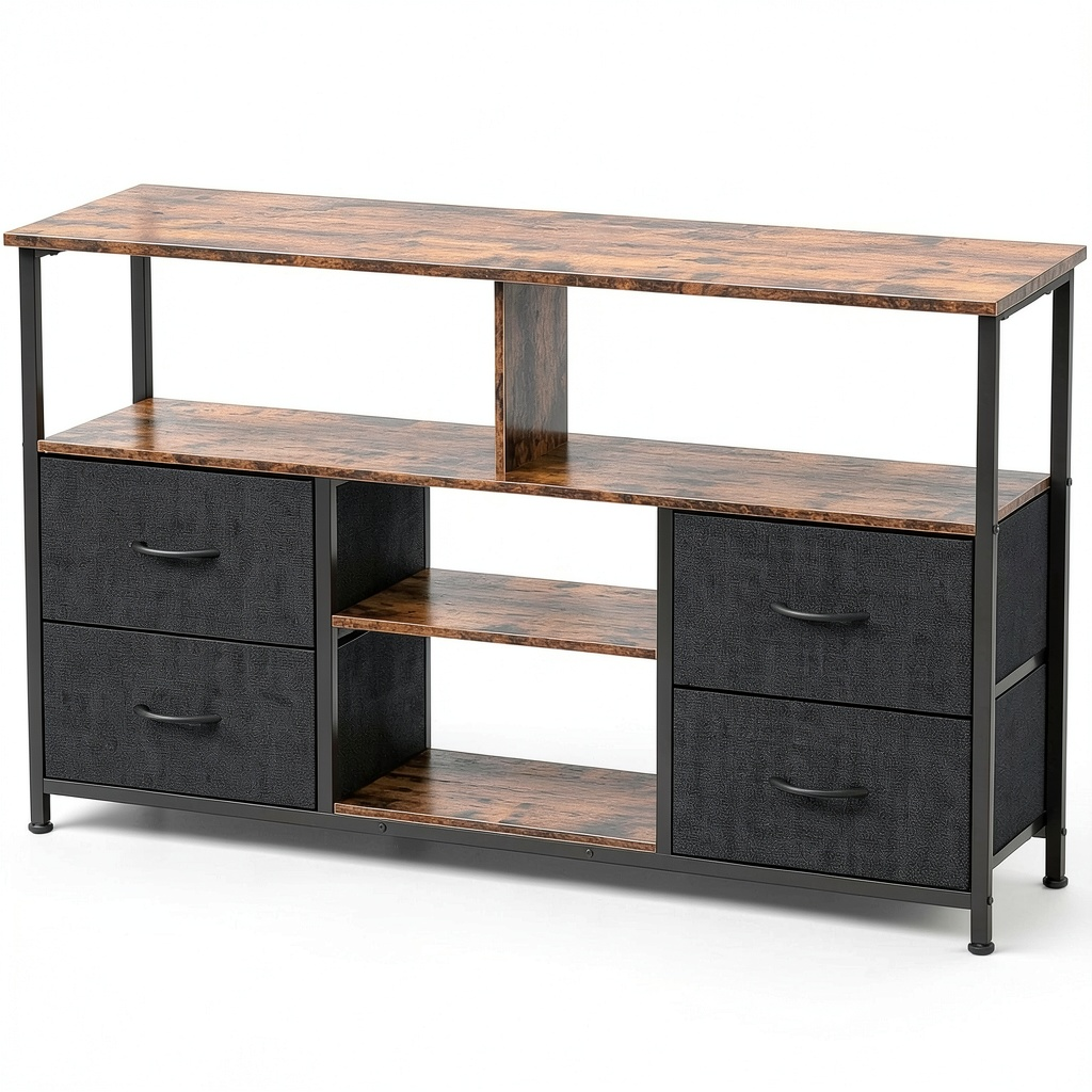 Meuble TV, réglable, avec tiroirs, avec étagères, en métal et tissu, coloris noir et marron, pour le salon
