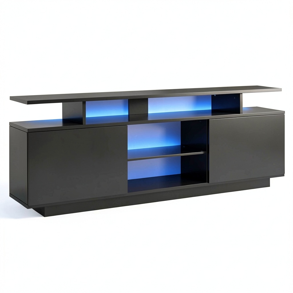 Meuble TV, avec rangement, avec éclairage LED, en verre, pour le salon