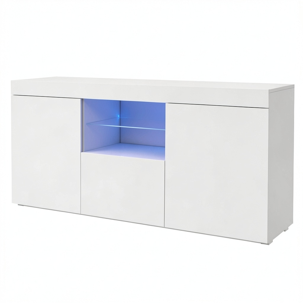 Meuble TV, avec portes, avec éclairage LED, 135 x 70 x 35 cm, coloris blanc, pour le salon