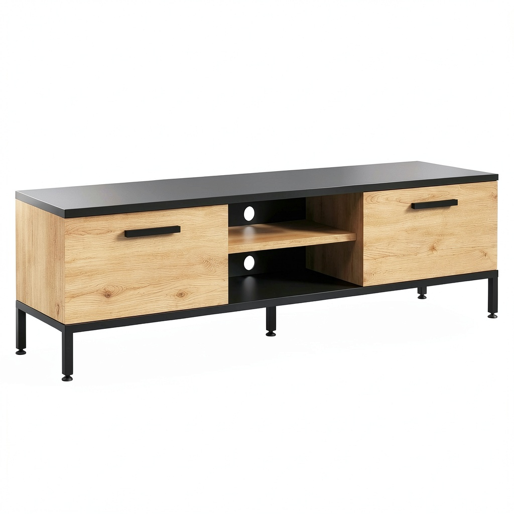 Meuble TV, en chêne et panneaux de bois, avec rangement, avec portes, coloris noir, 39 x 160 x 35 cm, pour le salon