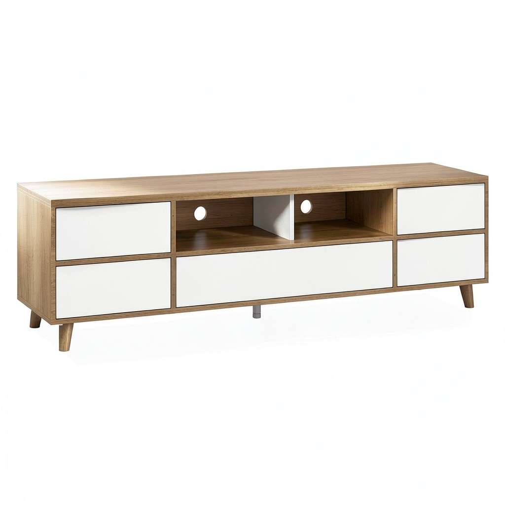 Meuble TV, avec rangement, avec portes, coloris blanc, 175 x 37 x 51 cm, pour le salon