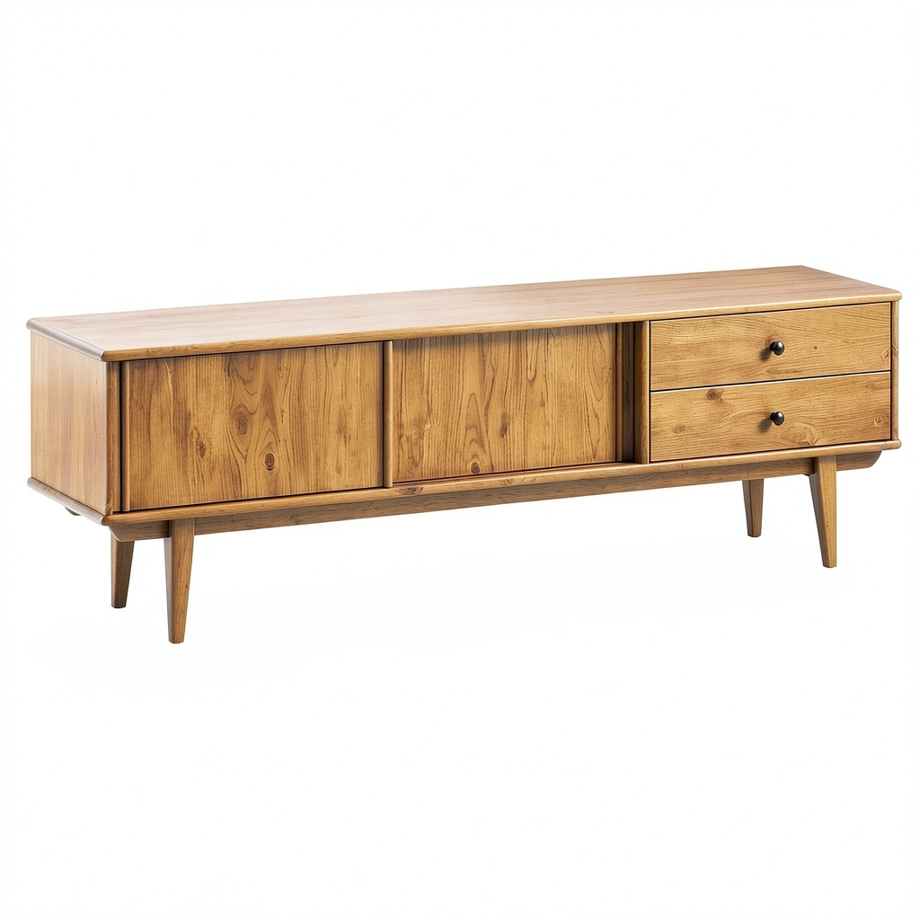 Meuble TV, avec rangement, avec tiroirs, avec portes coulissantes, en bois massif et chêne, pour le salon