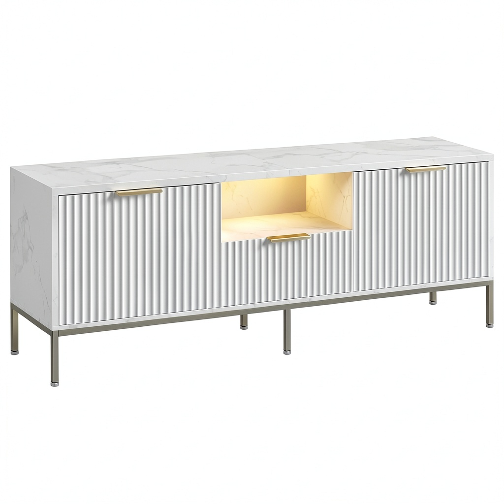 Meuble TV, avec rangement, coloris blanc, pour le salon
