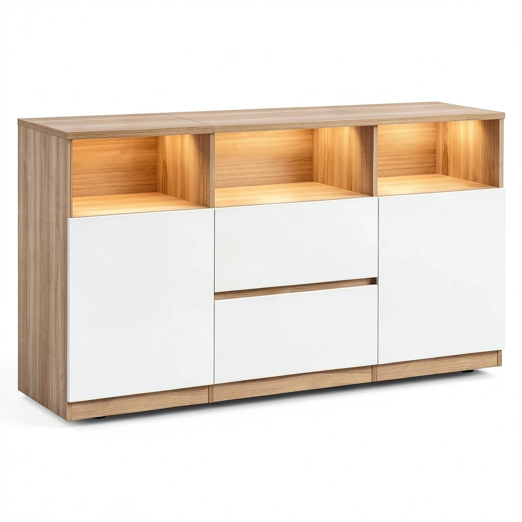 Meuble TV, en chêne, coloris blanc, 147 x 40 x 76 cm, pour le salon
