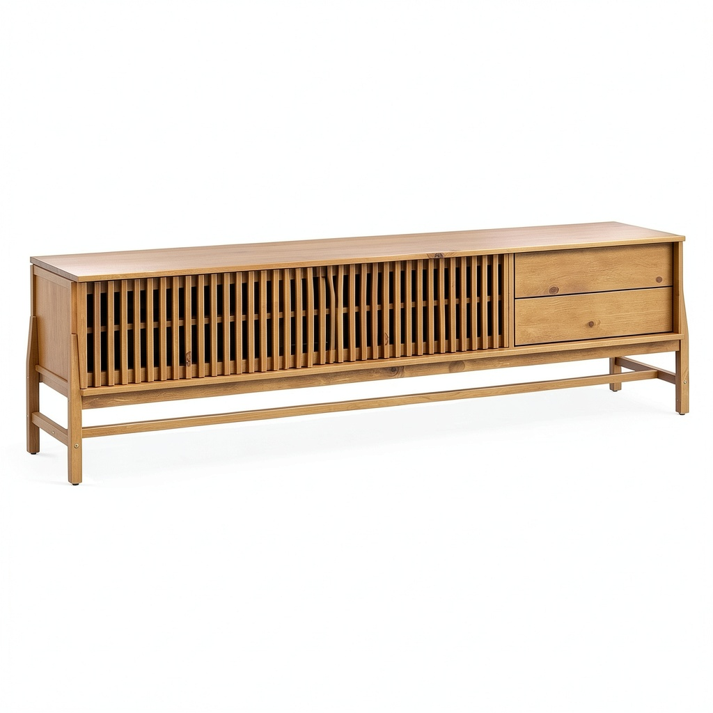 Meuble TV, avec rangement, avec tiroirs, avec portes coulissantes, en bois massif et chêne, pour le salon