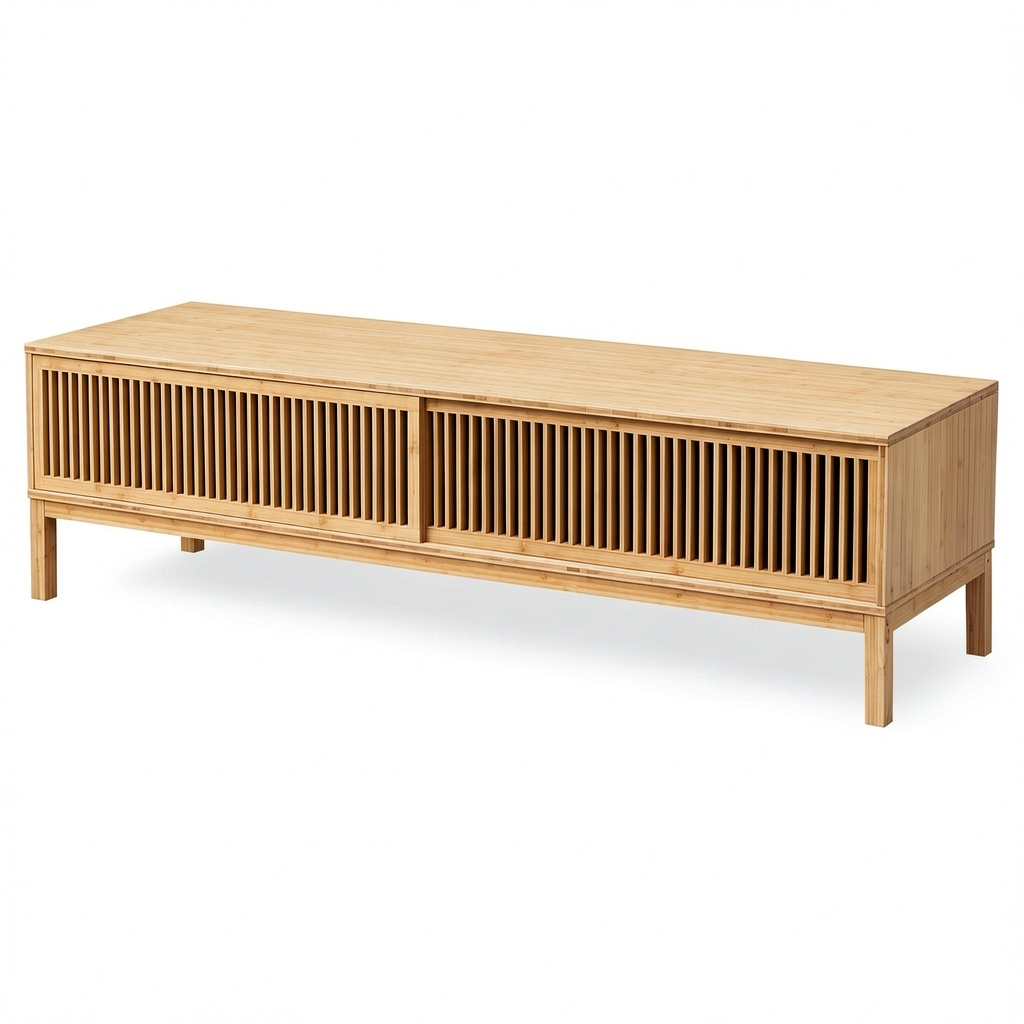 Meuble TV, avec rangement, avec portes coulissantes, avec portes, en bambou, 160 x 40 x 38 cm, coloris naturel, pour le salon