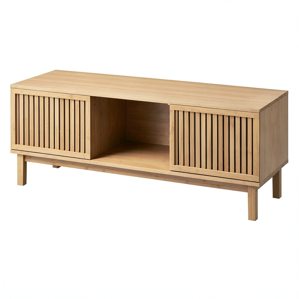 Meuble TV, avec rangement, avec portes coulissantes, avec portes, en bambou, coloris naturel, 150 x 42 x 50 cm, pour le salon