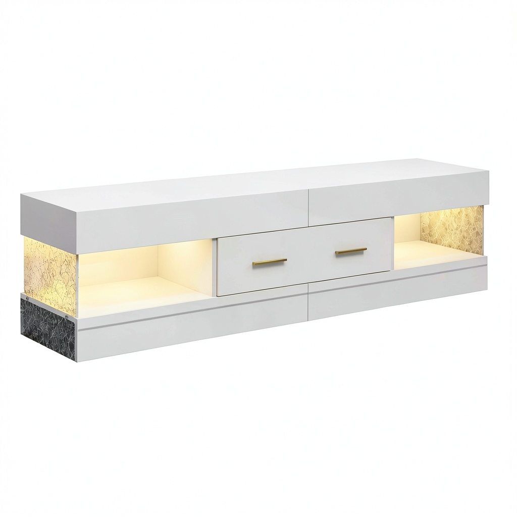 Meuble TV, avec rangement, avec tiroirs, avec éclairage LED, coloris blanc, pour le salon