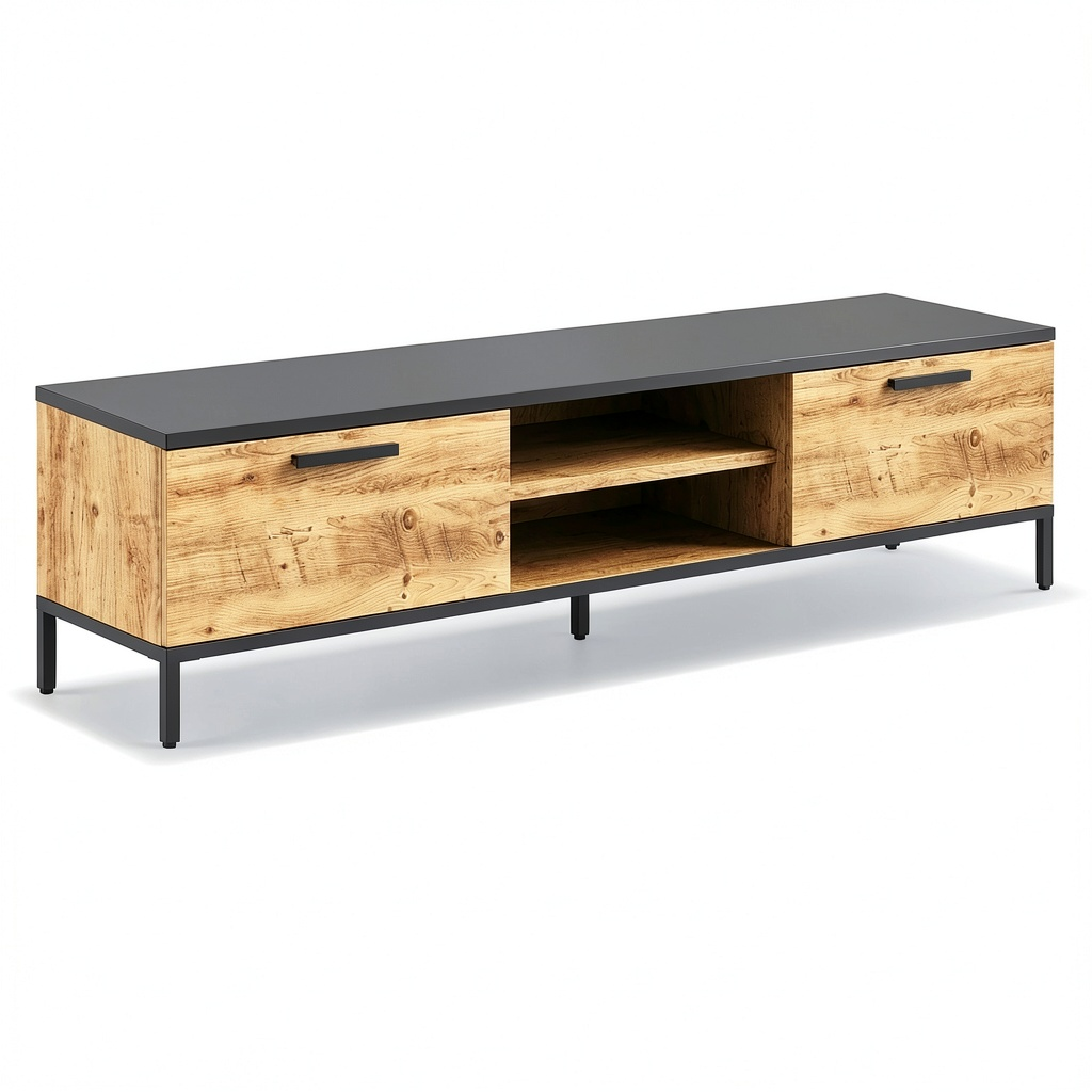 Meuble TV, avec rangement, avec portes, en chêne et panneaux de bois, coloris anthracite, 39 x 160 x 35 cm, pour le salon