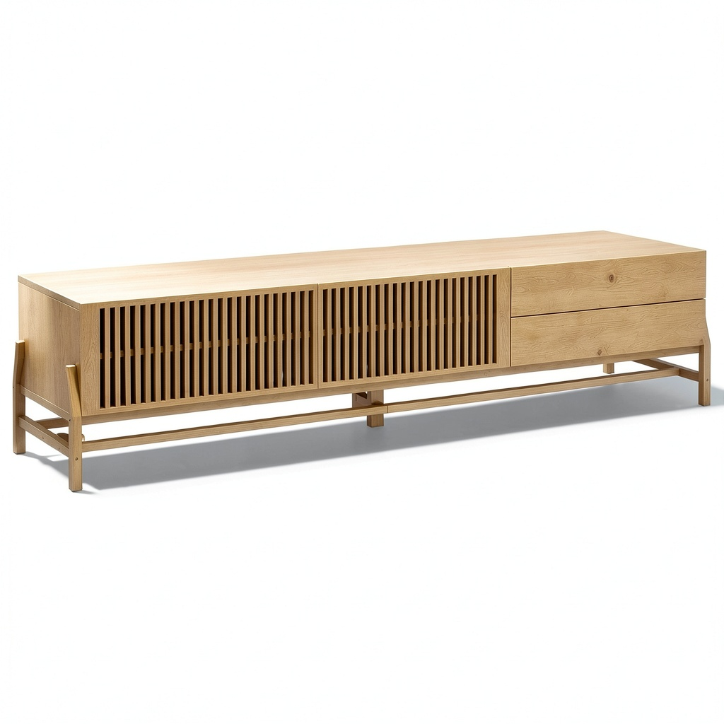 Meuble TV, avec rangement, avec tiroirs, avec portes coulissantes, en bois massif et chêne, pour le salon
