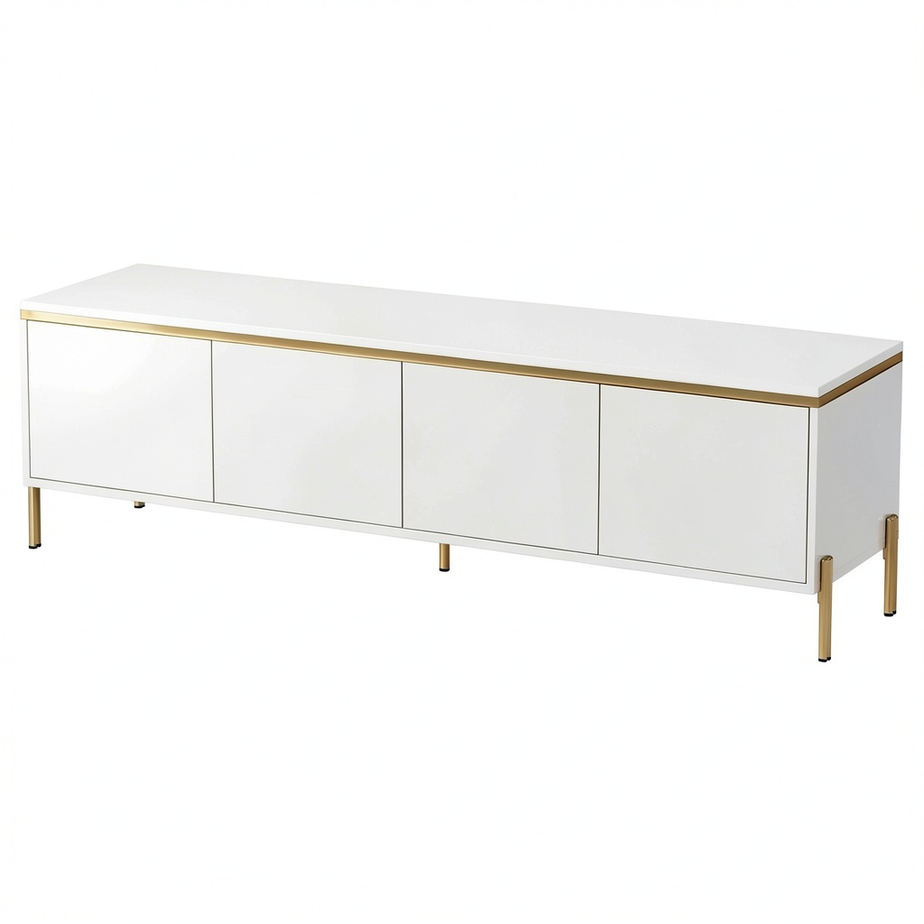 Meuble TV, avec rangement, avec portes, en métal, coloris blanc et doré, 170 x 38 x 50 cm, pour le salon