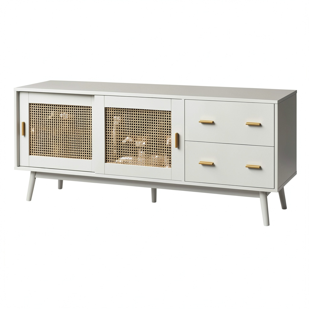 Armoire, avec rangement, avec tiroirs, avec portes coulissantes, en panneaux de bois et résine tressée, 160 x 40 x 65 cm, coloris beige