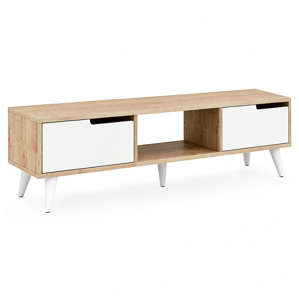 Meuble TV, avec rangement, avec portes, en chêne et panneaux de bois, 160 x 35 x 40 cm, coloris blanc, pour le salon