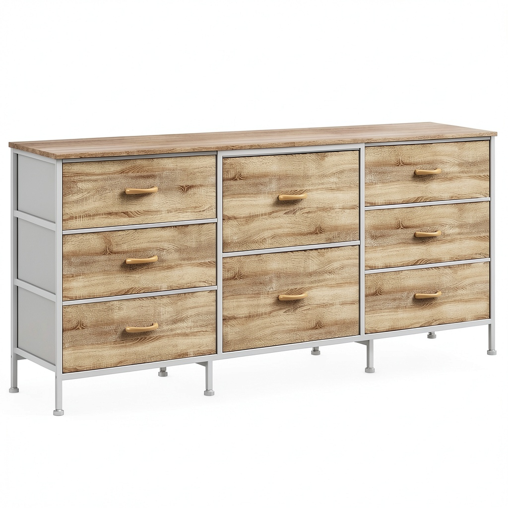 Meuble TV, avec rangement, avec tiroirs, en métal et tissu, coloris naturel, 160 x 69 x 36 cm, pour le salon