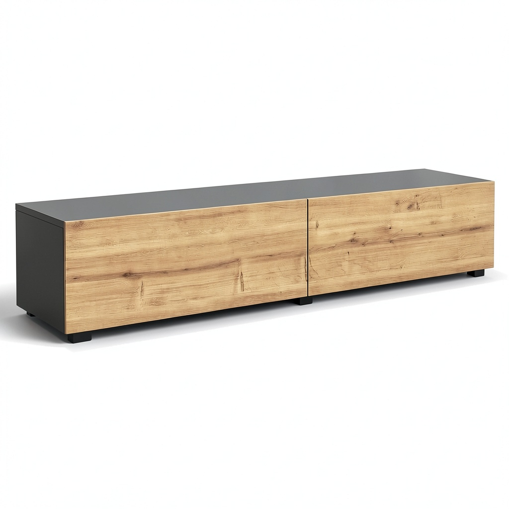 Meuble TV, en chêne et panneaux de bois, avec rangement, coloris noir, 135 x 31 x 25 cm, pour le salon